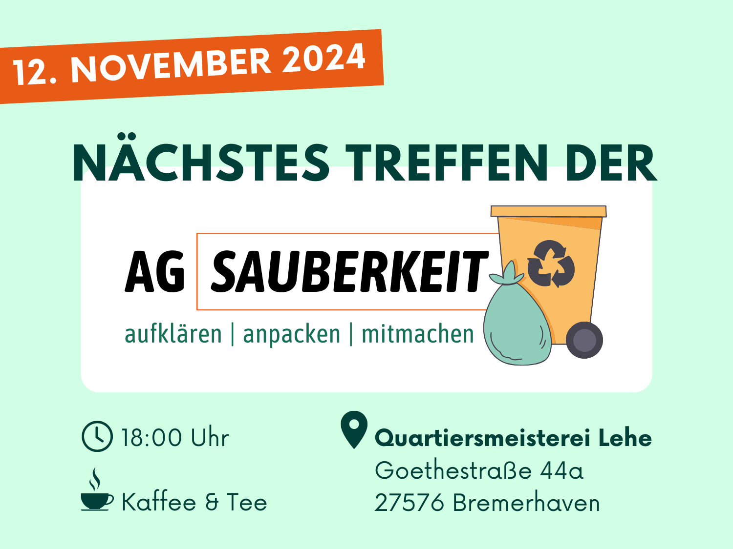 Ankündigung des nächsten Treffens der Arbeitsgruppe „Sauberkeit“.