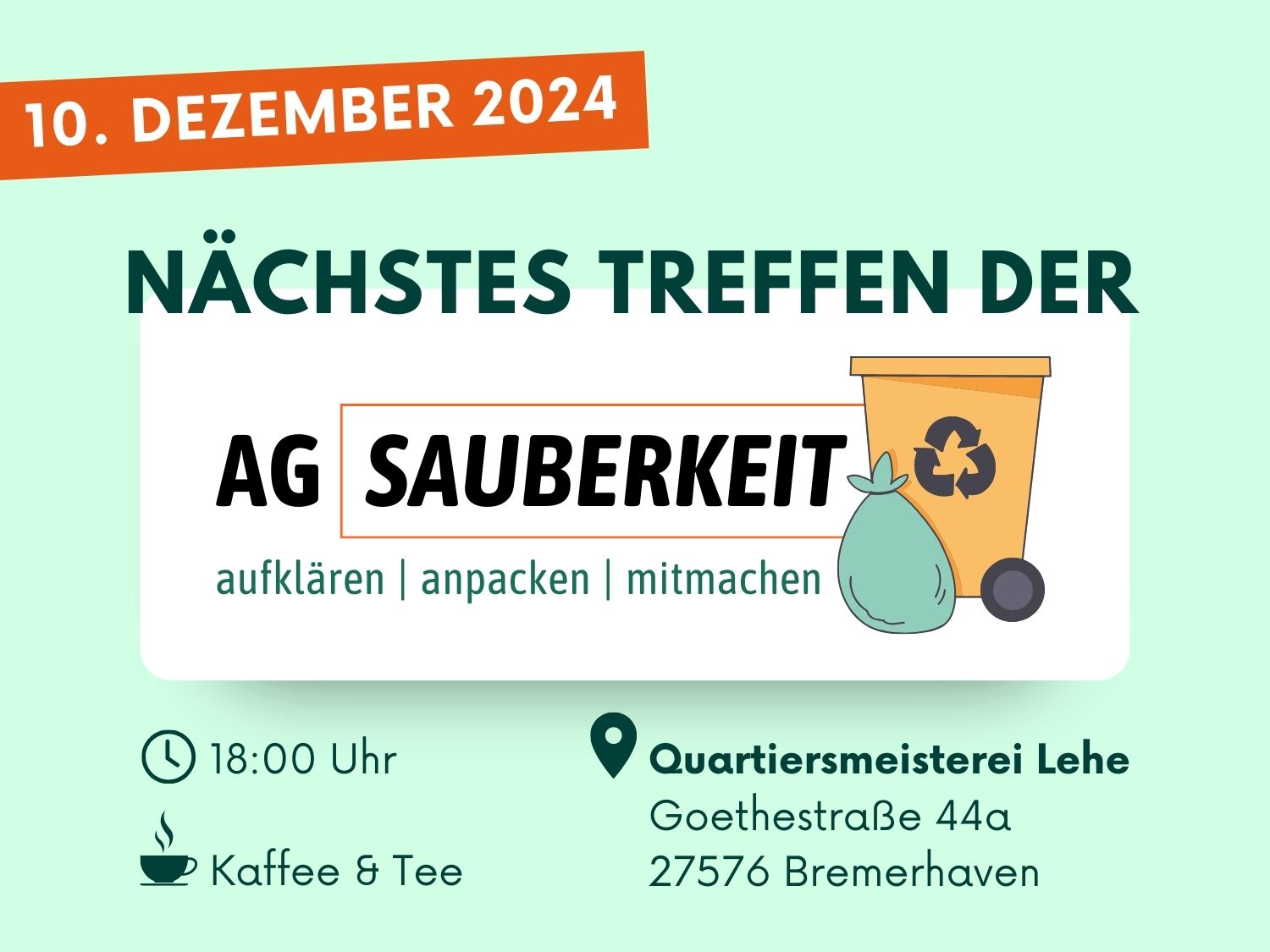 Ankündigung des nächsten Treffens der Arbeitsgruppe „Sauberkeit“.